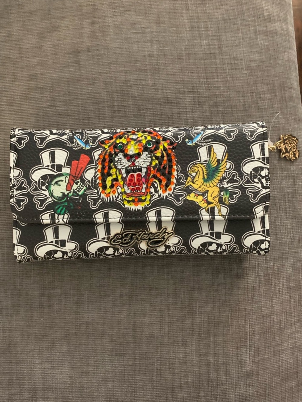 Ed Hardy Black Graphic Leather Wallet with Multicolor Tiger